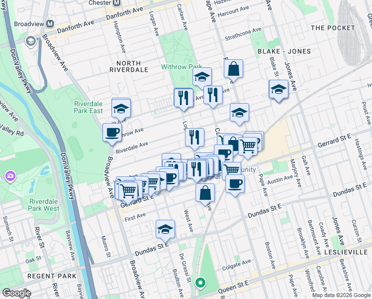 map of restaurants, bars, coffee shops, grocery stores, and more near 155 Langley Avenue in Toronto