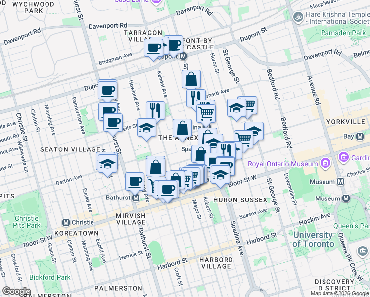 map of restaurants, bars, coffee shops, grocery stores, and more near 44 Walmer Road in Toronto