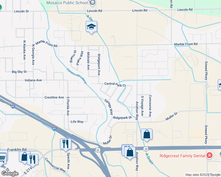 map of restaurants, bars, coffee shops, grocery stores, and more near 123 Parkland Way in Caldwell