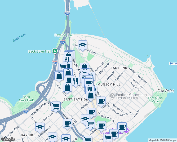 map of restaurants, bars, coffee shops, grocery stores, and more near 139 North Street in Portland