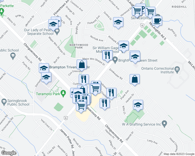 map of restaurants, bars, coffee shops, grocery stores, and more near 886 Queen Street West in Brampton