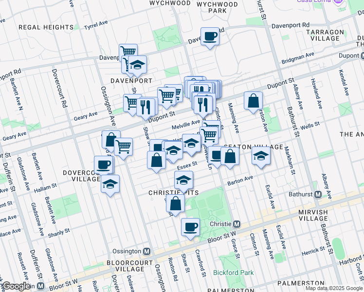 map of restaurants, bars, coffee shops, grocery stores, and more near 5 Miles Place in Toronto