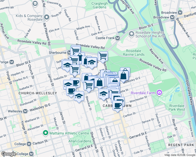 map of restaurants, bars, coffee shops, grocery stores, and more near 260 Wellesley Street East in Toronto