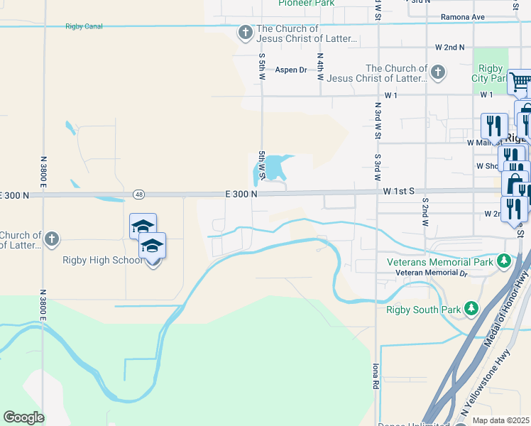 map of restaurants, bars, coffee shops, grocery stores, and more near 3855 East 285 North in Rigby