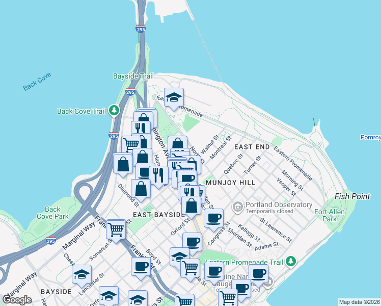 map of restaurants, bars, coffee shops, grocery stores, and more near 139 North Street in Portland