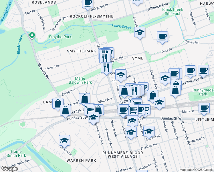 map of restaurants, bars, coffee shops, grocery stores, and more near 87 Pritchard Avenue in Toronto