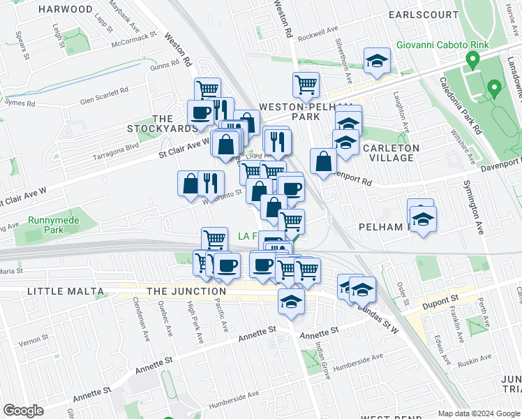 map of restaurants, bars, coffee shops, grocery stores, and more near 497 Keele Street in Toronto