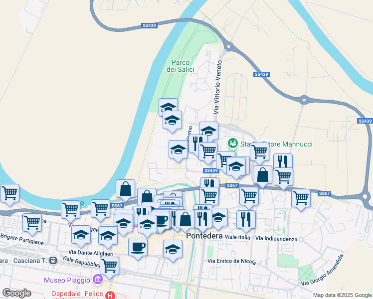 map of restaurants, bars, coffee shops, grocery stores, and more near 31 Via Milano in Pontedera