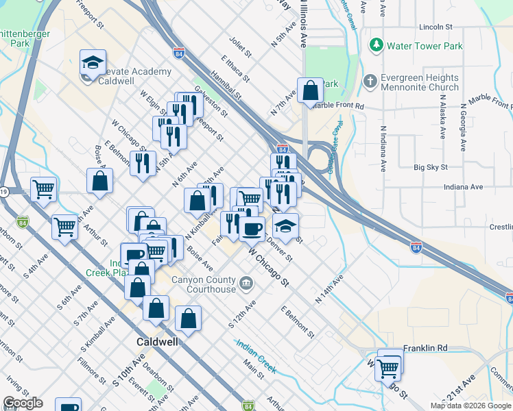 map of restaurants, bars, coffee shops, grocery stores, and more near 901 East Elgin Street in Caldwell