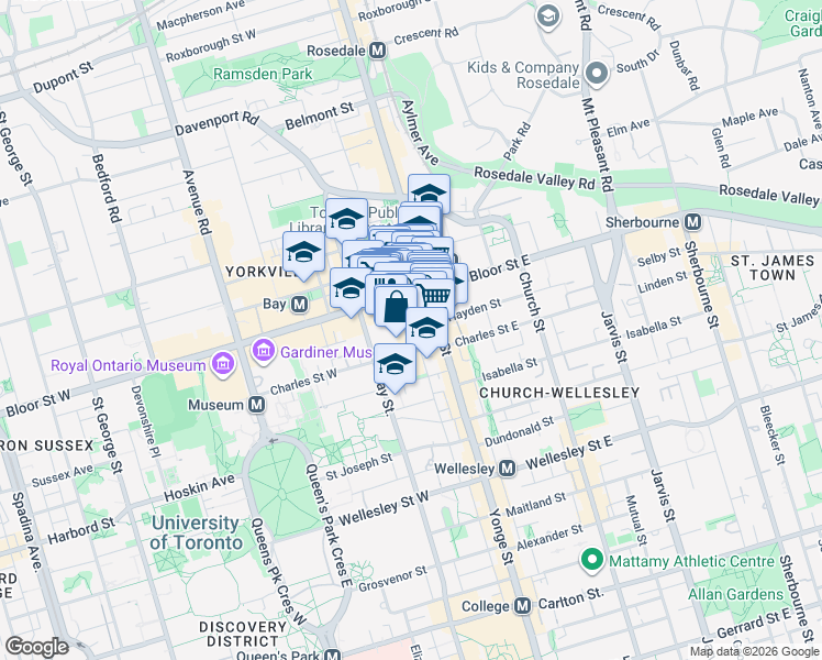 map of restaurants, bars, coffee shops, grocery stores, and more near 21 Balmuto Street in Toronto