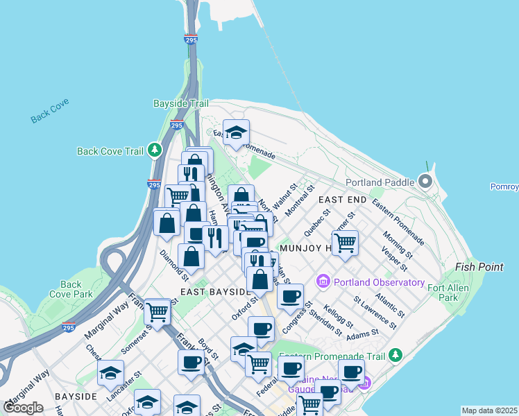 map of restaurants, bars, coffee shops, grocery stores, and more near 139 North Street in Portland