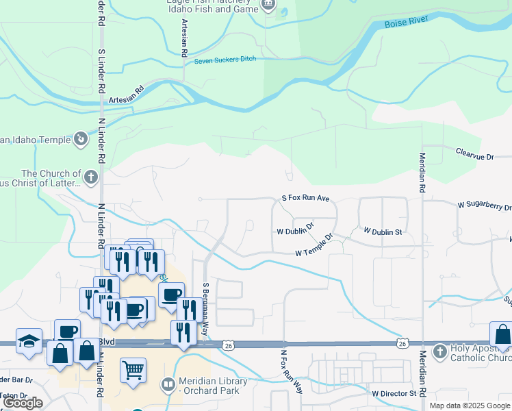 map of restaurants, bars, coffee shops, grocery stores, and more near 4088 West Sugarberry Street in Eagle
