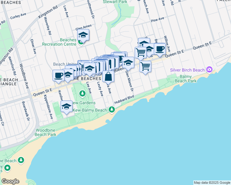 map of restaurants, bars, coffee shops, grocery stores, and more near 38 Hammersmith Avenue in Toronto