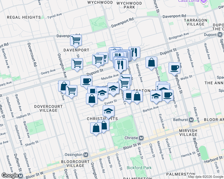 map of restaurants, bars, coffee shops, grocery stores, and more near in Toronto
