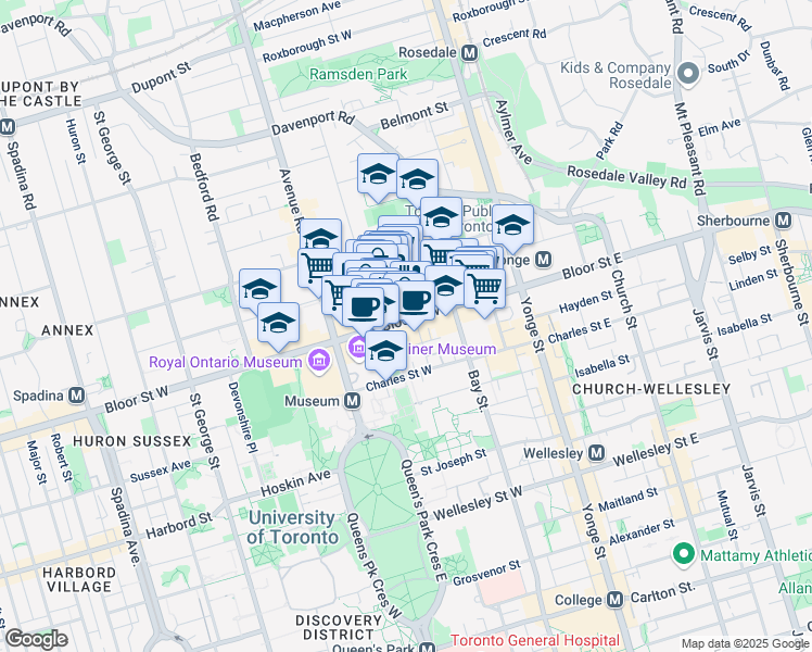 map of restaurants, bars, coffee shops, grocery stores, and more near 101 Bloor Street West in Toronto