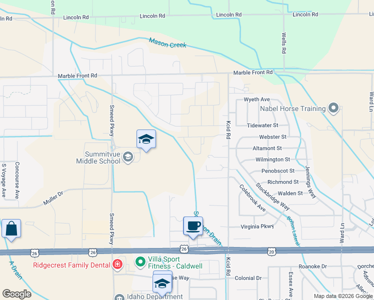 map of restaurants, bars, coffee shops, grocery stores, and more near 116 S Kcid Rd in Caldwell