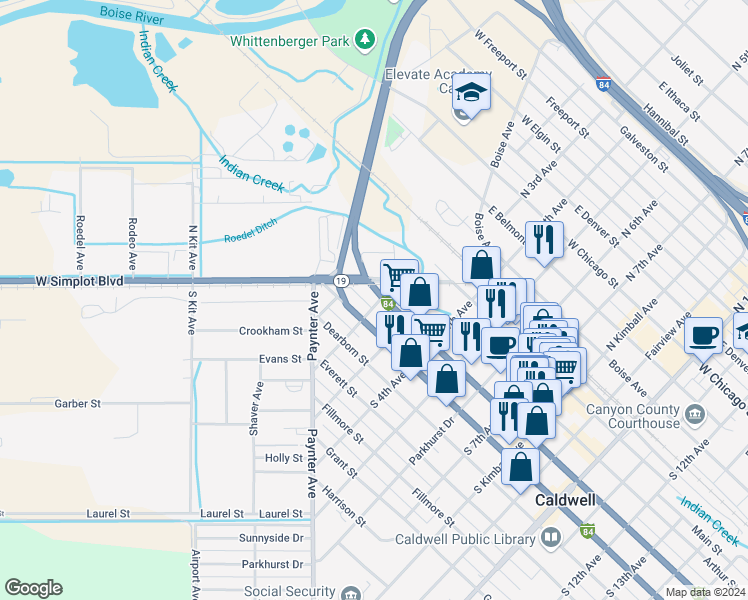 map of restaurants, bars, coffee shops, grocery stores, and more near 164 Blaine Street in Caldwell