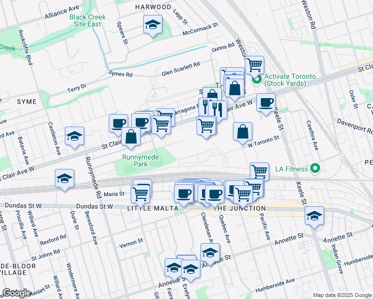 map of restaurants, bars, coffee shops, grocery stores, and more near 100 Ethel Avenue in Toronto