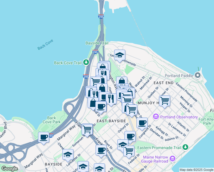 map of restaurants, bars, coffee shops, grocery stores, and more near 203 Anderson Street in Portland