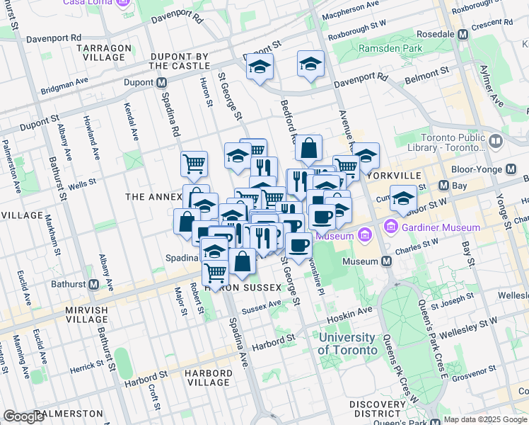 map of restaurants, bars, coffee shops, grocery stores, and more near 186 Saint George Street in Toronto
