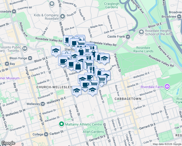 map of restaurants, bars, coffee shops, grocery stores, and more near 555 Sherbourne Street in Toronto