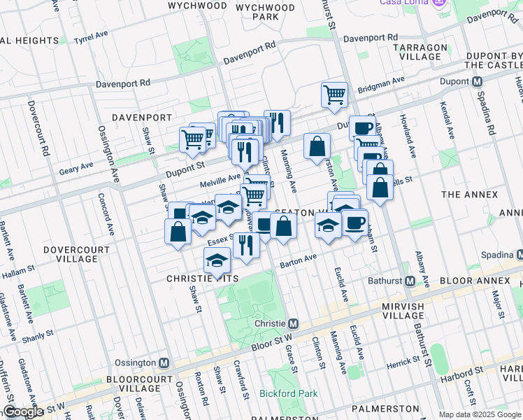 map of restaurants, bars, coffee shops, grocery stores, and more near 215 Christie Street in Toronto