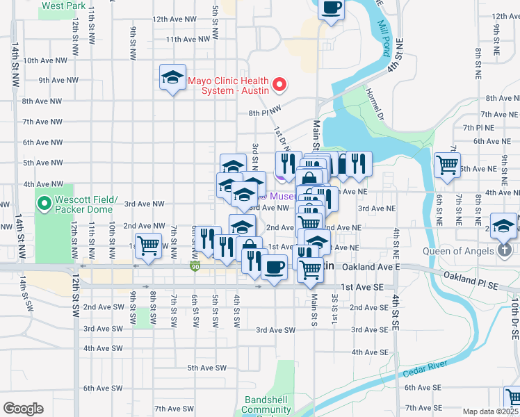 map of restaurants, bars, coffee shops, grocery stores, and more near 401 3rd Avenue Northwest in Austin