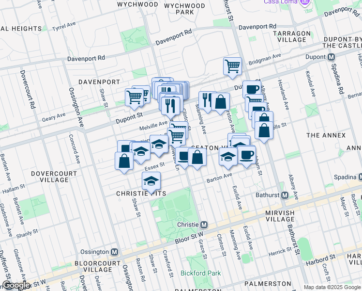 map of restaurants, bars, coffee shops, grocery stores, and more near 215 Christie Street in Toronto