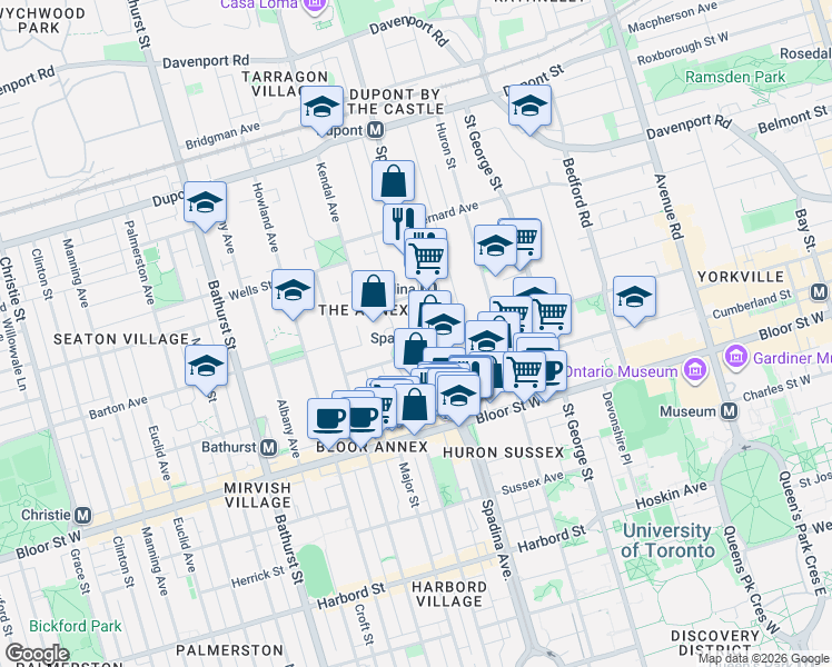map of restaurants, bars, coffee shops, grocery stores, and more near 35 Walmer Road in Toronto