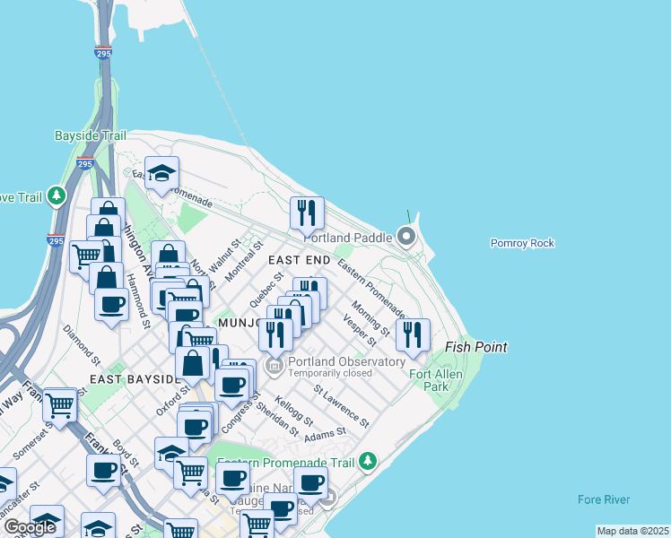 map of restaurants, bars, coffee shops, grocery stores, and more near 218 Eastern Promenade in Portland