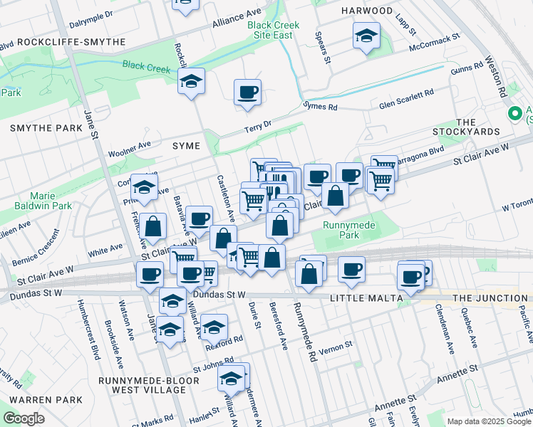 map of restaurants, bars, coffee shops, grocery stores, and more near in Toronto