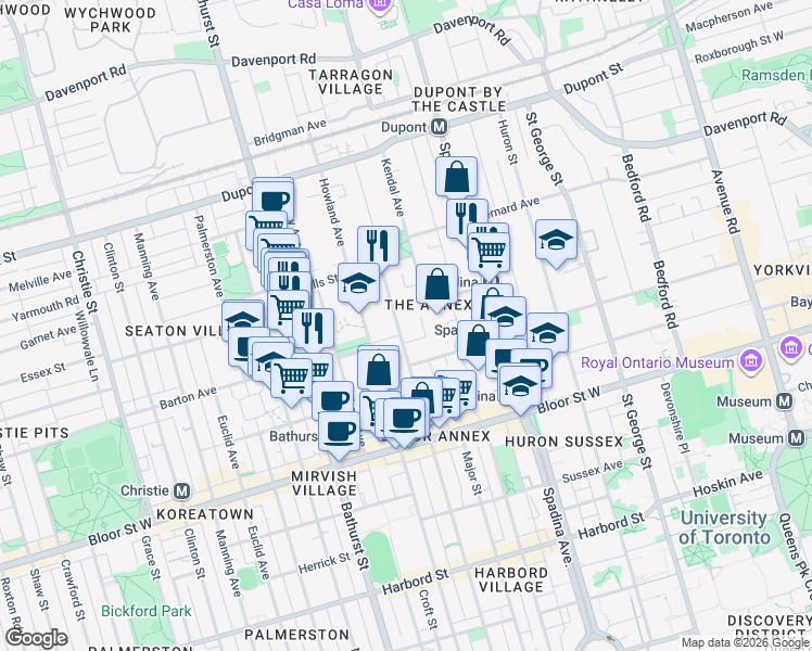 map of restaurants, bars, coffee shops, grocery stores, and more near 397 R Brunswick Avenue in Toronto