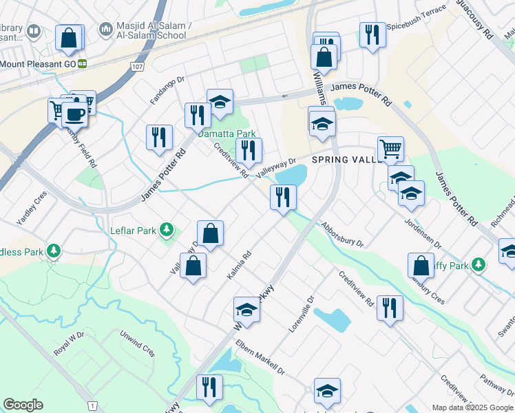 map of restaurants, bars, coffee shops, grocery stores, and more near 11 Selsdon Street in Brampton