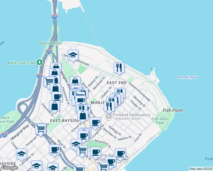 map of restaurants, bars, coffee shops, grocery stores, and more near 63 Emerson Street in Portland