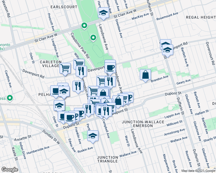 map of restaurants, bars, coffee shops, grocery stores, and more near 16 Foundry Avenue in Toronto