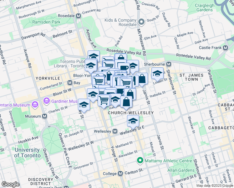 map of restaurants, bars, coffee shops, grocery stores, and more near 57 Charles Street East in Toronto