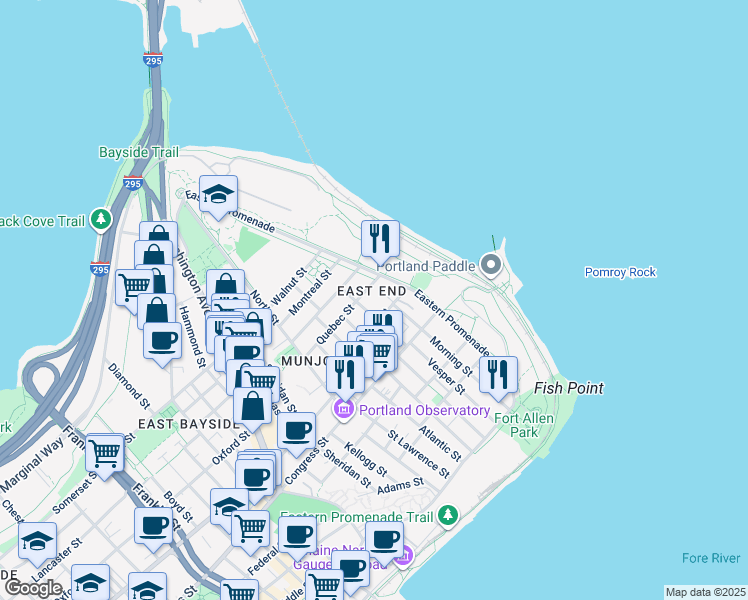 map of restaurants, bars, coffee shops, grocery stores, and more near 246 Eastern Promenade in Portland
