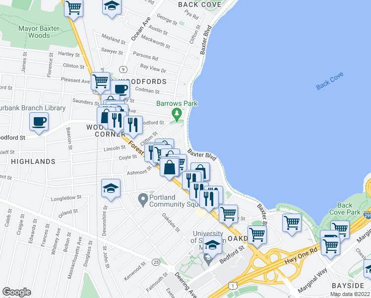map of restaurants, bars, coffee shops, grocery stores, and more near 12 Belmont Street in Portland
