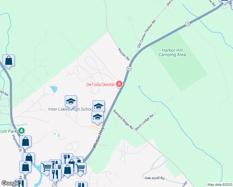 map of restaurants, bars, coffee shops, grocery stores, and more near 142 New Hampshire 25 in Meredith