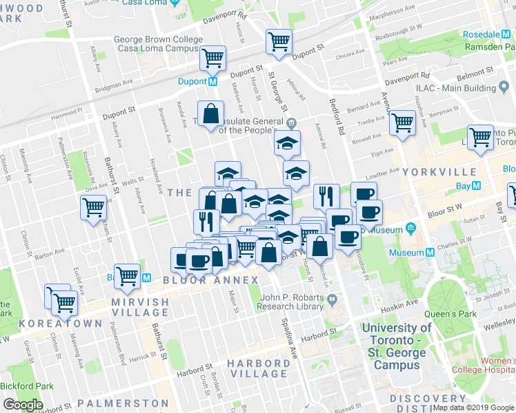 map of restaurants, bars, coffee shops, grocery stores, and more near in Toronto
