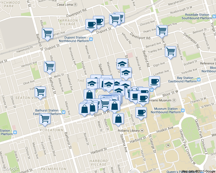 map of restaurants, bars, coffee shops, grocery stores, and more near 104 Lowther Avenue in Toronto