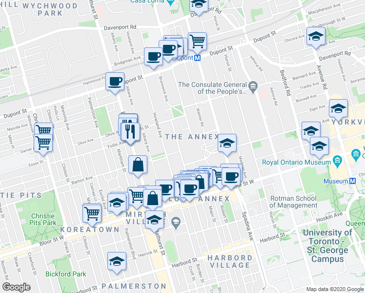 map of restaurants, bars, coffee shops, grocery stores, and more near in Toronto