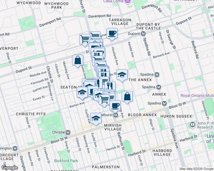 map of restaurants, bars, coffee shops, grocery stores, and more near 911 Bathurst Street in Toronto