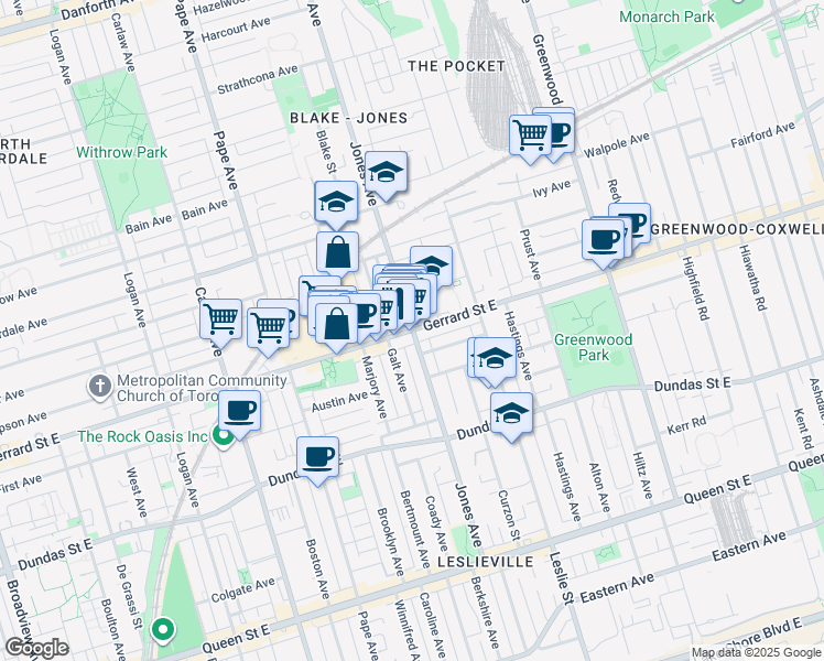 map of restaurants, bars, coffee shops, grocery stores, and more near 1062 Gerrard Street East in Toronto