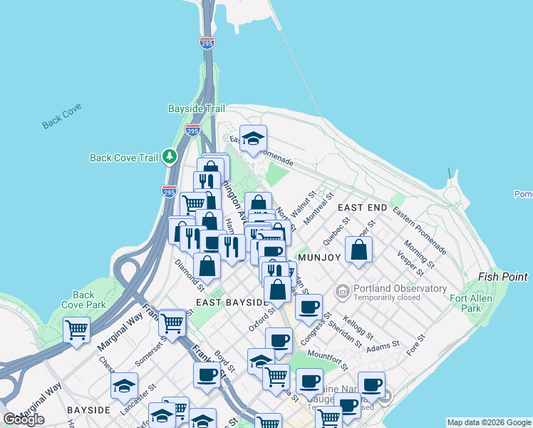 map of restaurants, bars, coffee shops, grocery stores, and more near 139 North Street in Portland
