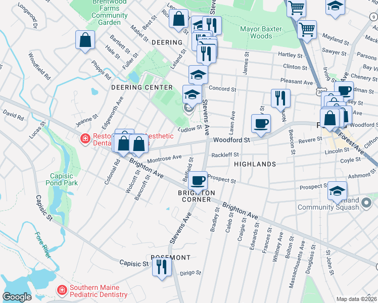 map of restaurants, bars, coffee shops, grocery stores, and more near 400 Woodford Street in Portland
