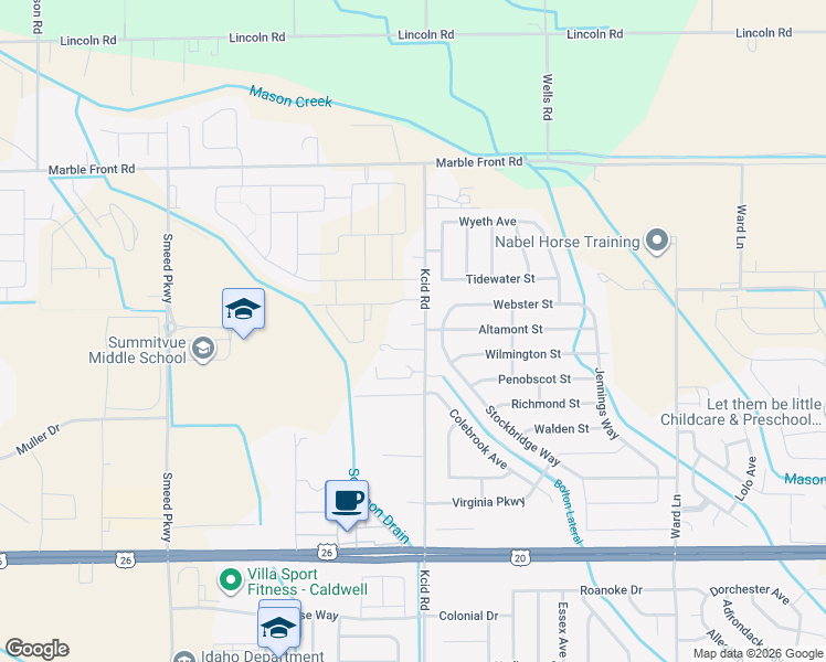 map of restaurants, bars, coffee shops, grocery stores, and more near 202 S Kcid Rd in Caldwell