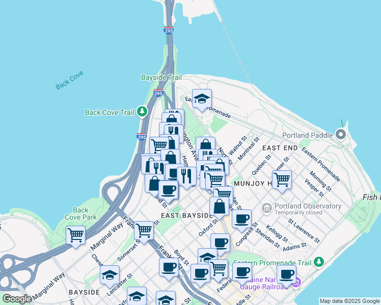 map of restaurants, bars, coffee shops, grocery stores, and more near 165 Washington Avenue in Portland