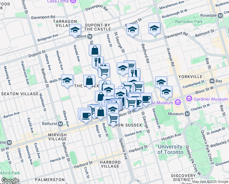 map of restaurants, bars, coffee shops, grocery stores, and more near 104 Lowther Avenue in Toronto