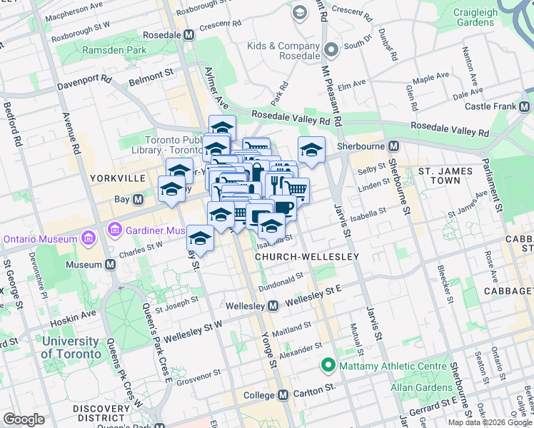 map of restaurants, bars, coffee shops, grocery stores, and more near 42 Charles Street East in Toronto